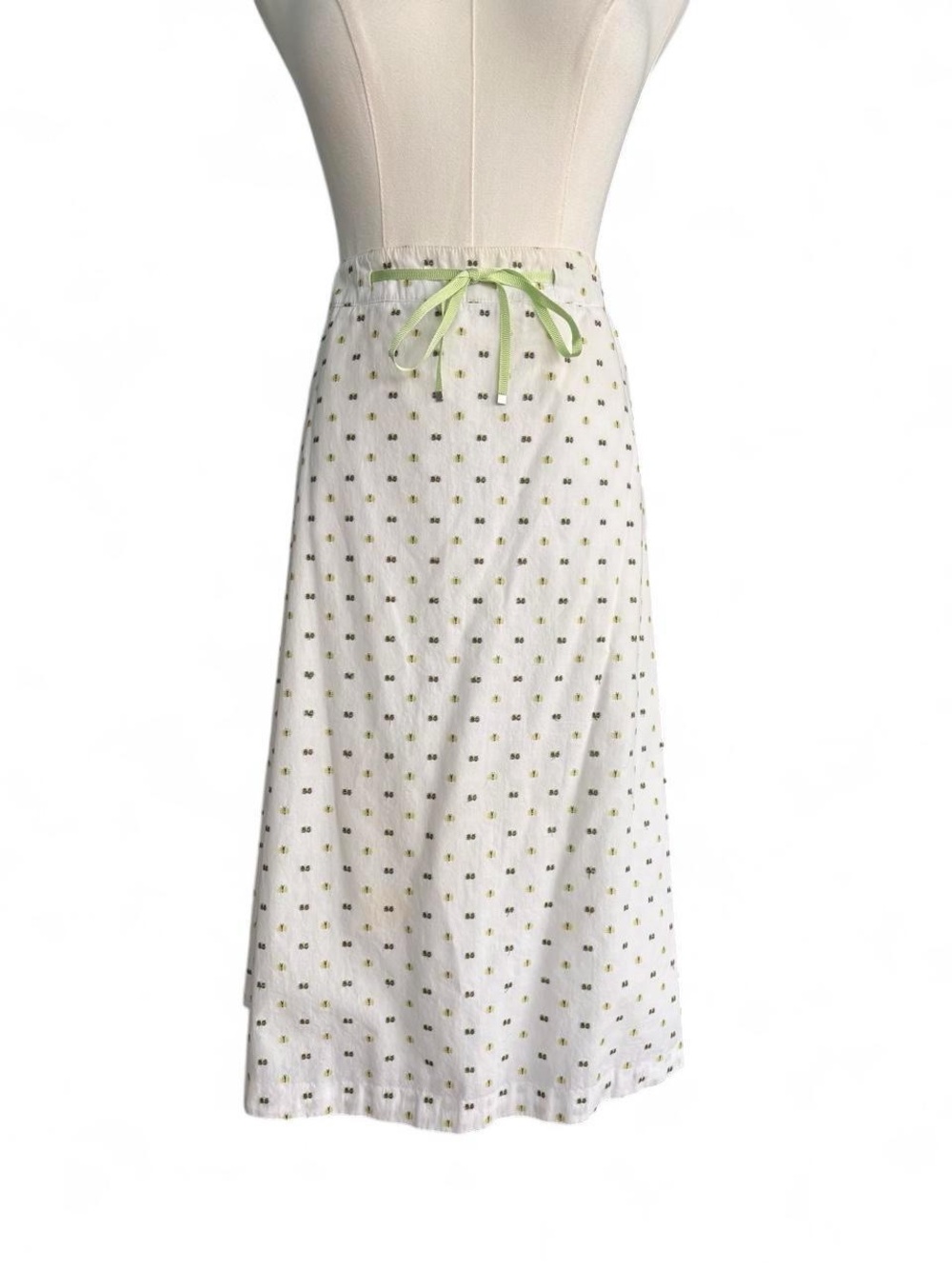 White Floral Print Midi Skirt with Lime Tie Waist